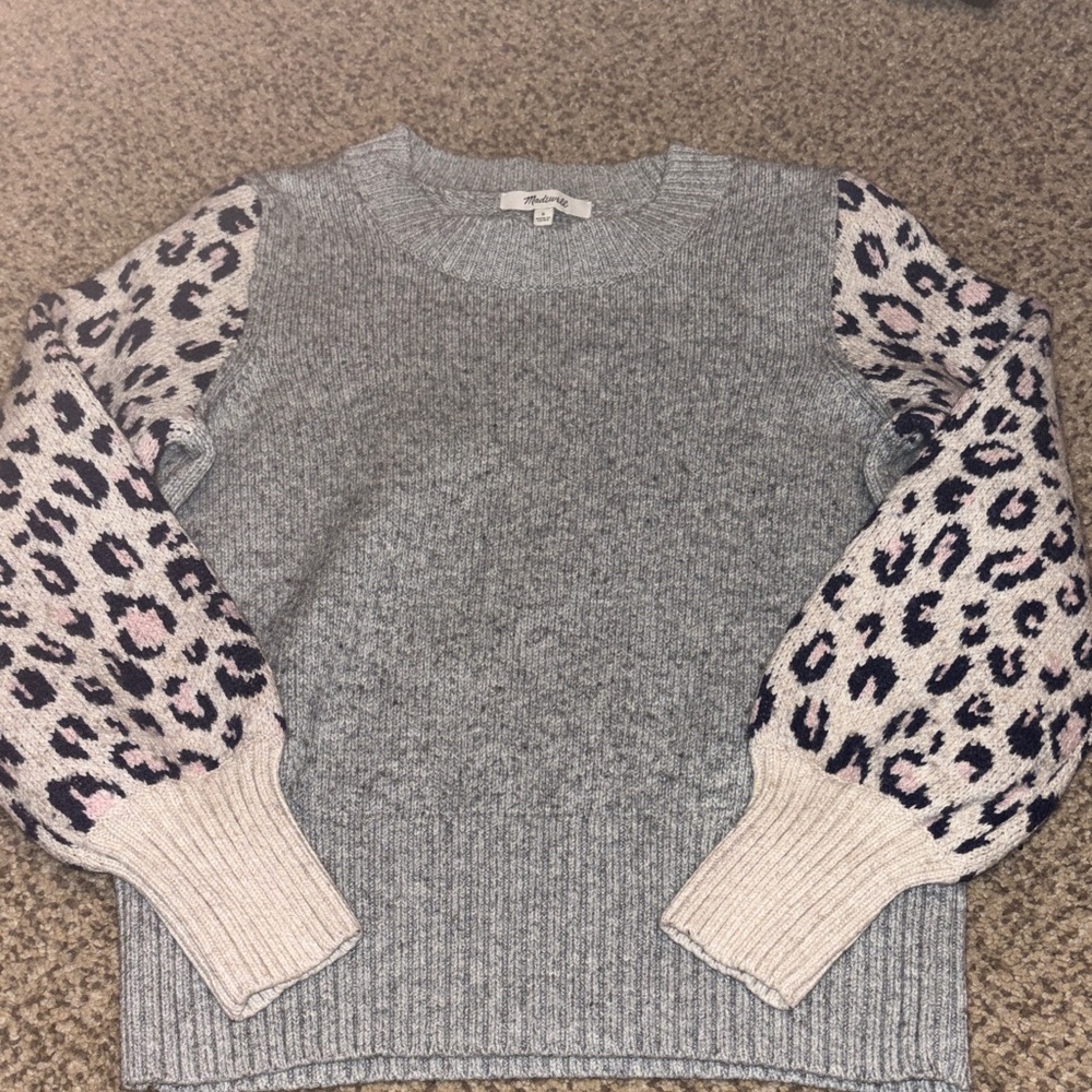 Madewell Gray Sweater with Leopard Print Sleeves Small